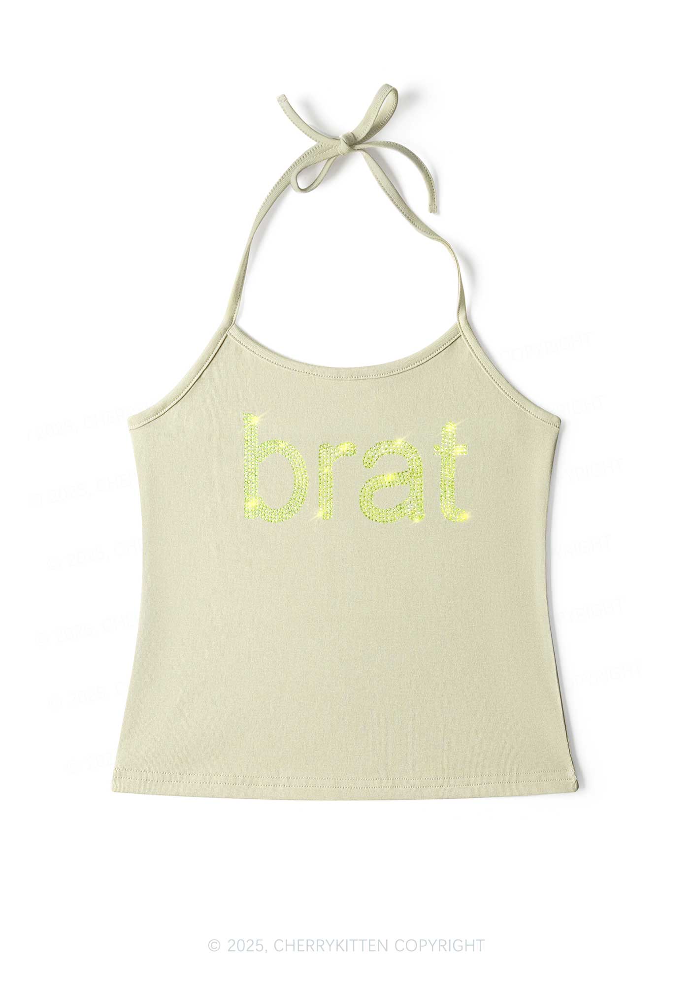 Rhinestone Green Brat Y2K Halter Neck Cami Cherrykitten