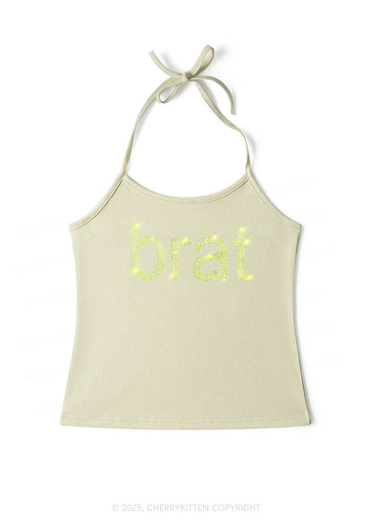 Rhinestone Green Brat Y2K Halter Neck Cami Cherrykitten