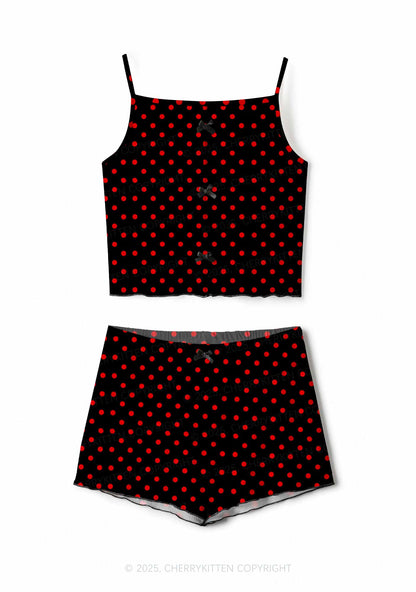 Red Dots On Black Valentine's Day Y2K Print Cami Shorts Pajama Set Cherrykitten