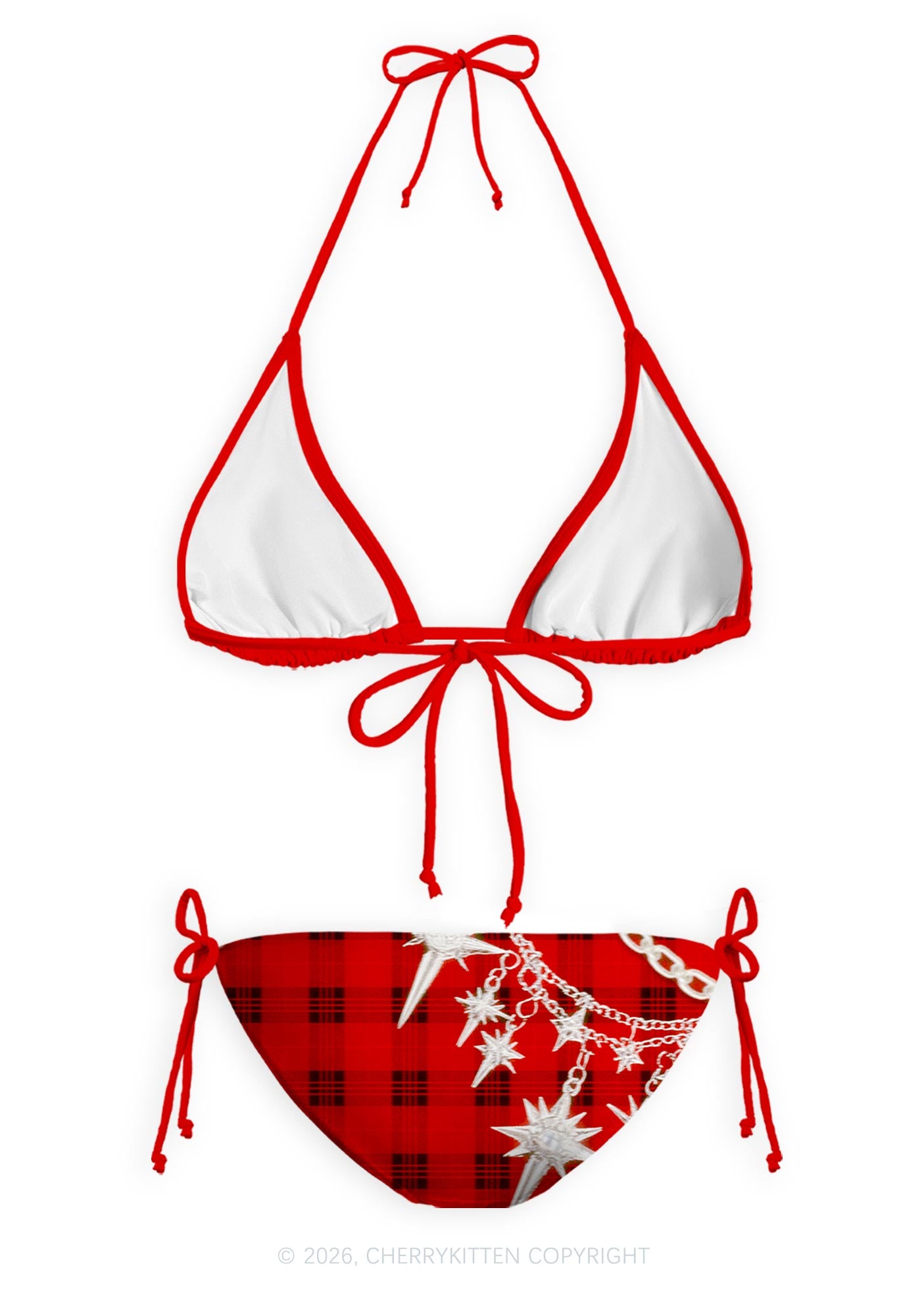 Red Plaid Silver Star Chain Y2K Print Bikini Set Cherrykitten