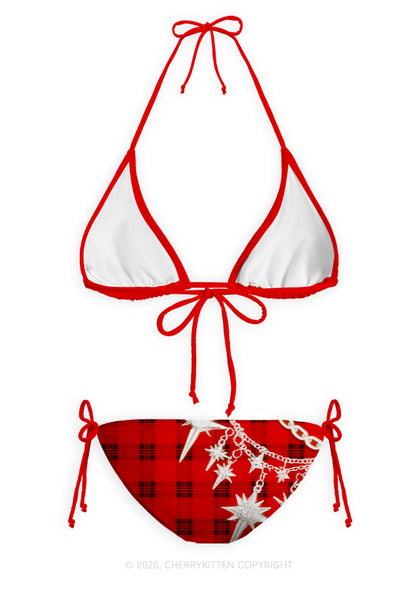 Red Plaid Silver Star Chain Y2K Print Bikini Set Cherrykitten