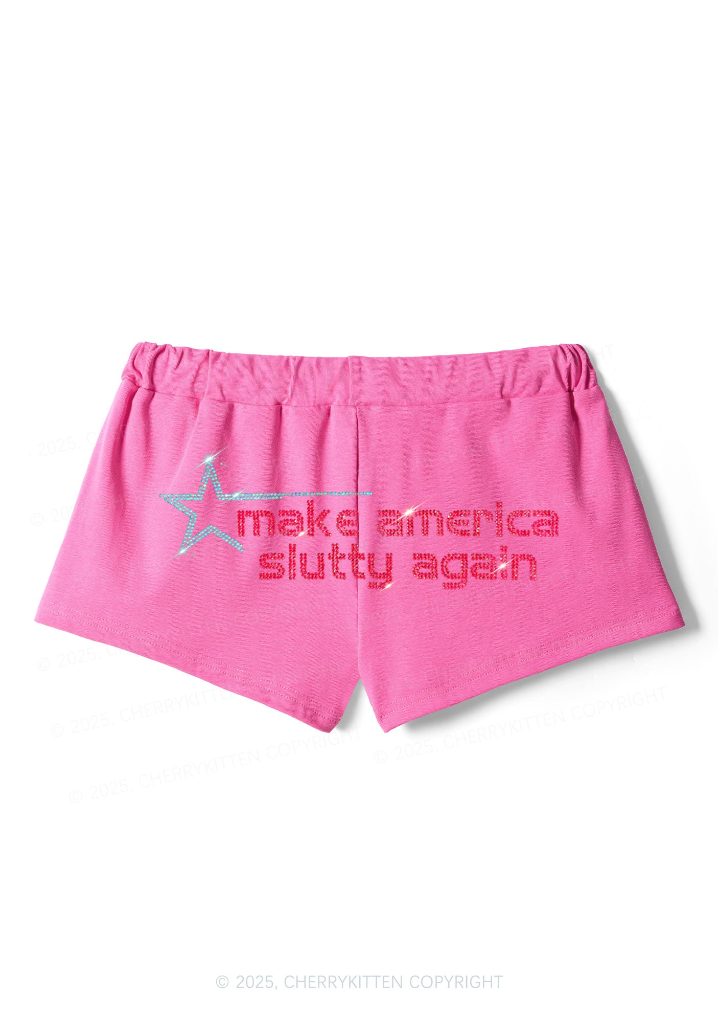 Rhinestone Make America Slxtty Again Y2K Drawstring Mini Shorts Cherrykitten