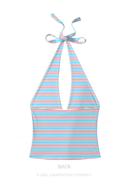 Trans Stripes Pride Y2K Print Halter Deep V Neck Cami Cherrykitten