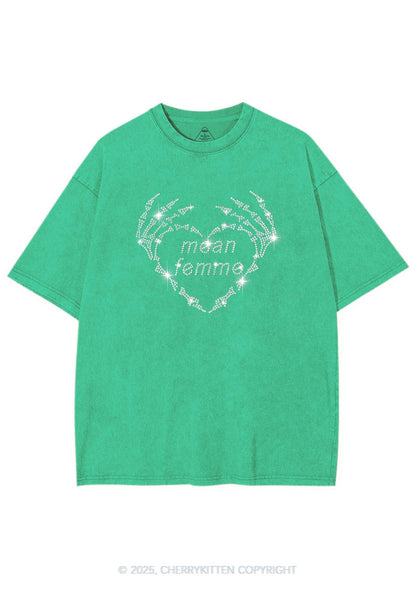 Rhinestone Mean Femme Skeleton Heart Pride Y2K Shirts Washed Tee Cherrykitten
