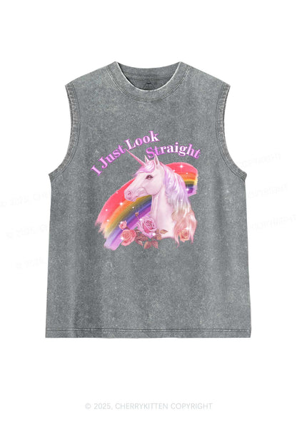 Look Straight Unicorn Pride Y2K Washed Muscle Tank Cherrykitten