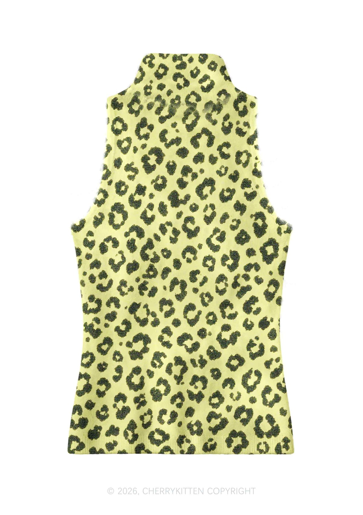 Light Yellow Leopard Y2K Knit Turtleneck Tank Top Cherrykitten