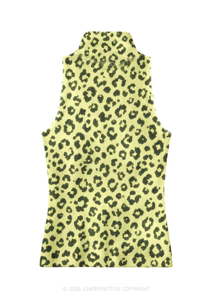 Light Yellow Leopard Y2K Knit Turtleneck Tank Top Cherrykitten