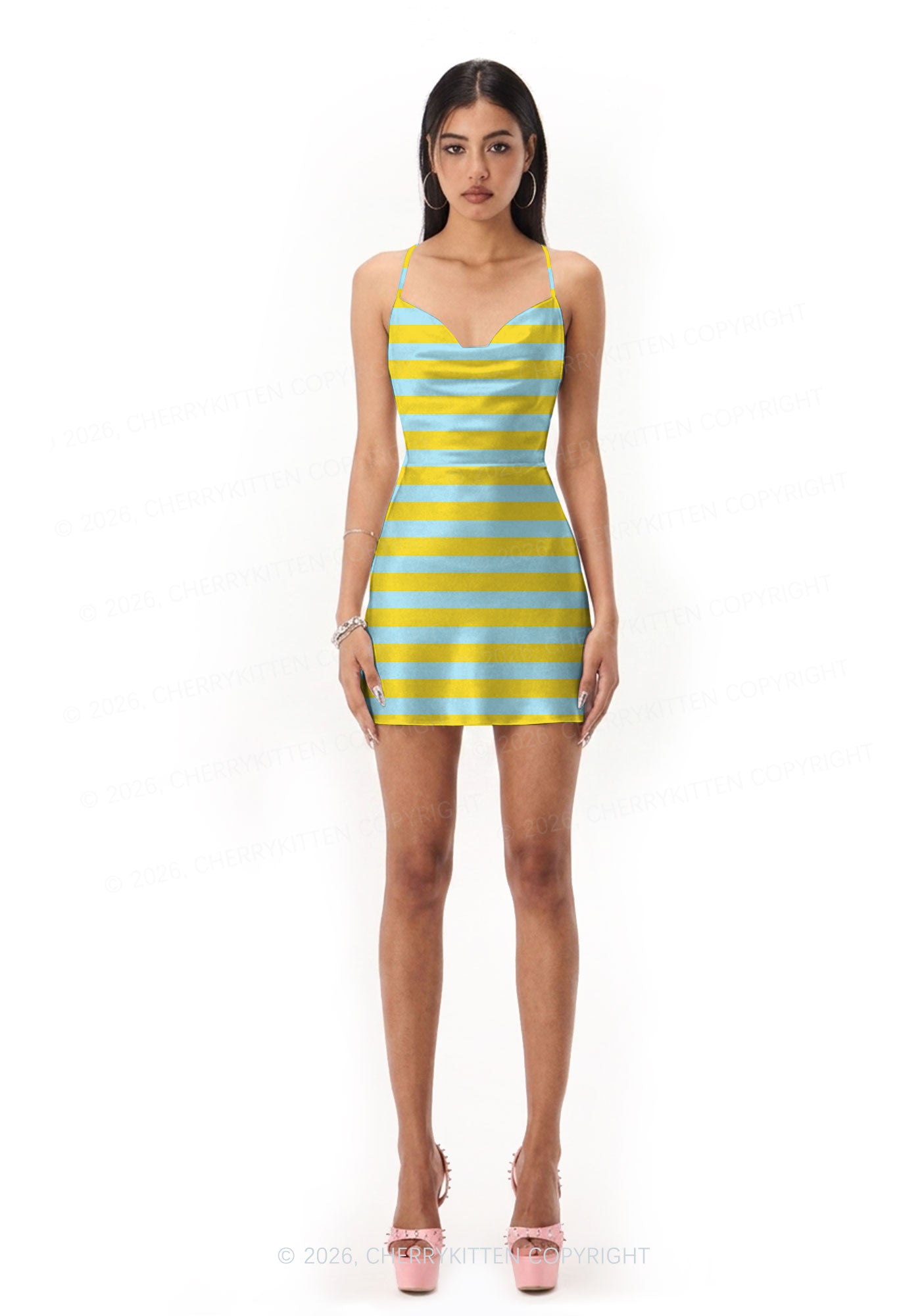 Blue And Yellow Stripes Y2K Print Satin Cowl Neck Slip Dress Cherrykitten