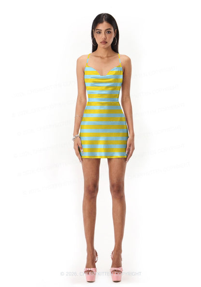 Blue And Yellow Stripes Y2K Print Satin Cowl Neck Slip Dress Cherrykitten