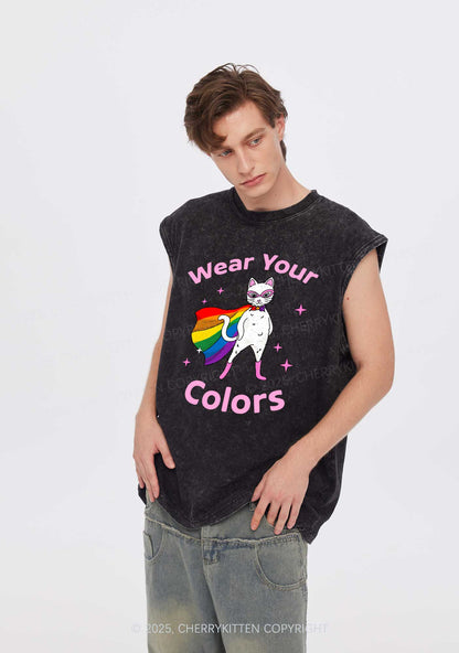 Pride Flag Cat Y2K Washed Muscle Tank Cherrykitten