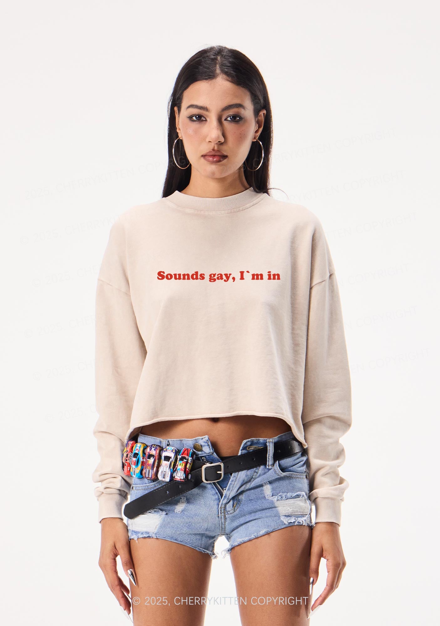 Sounds Gay Pride Y2K Crop Washed Sweatshirts Cherrykitten