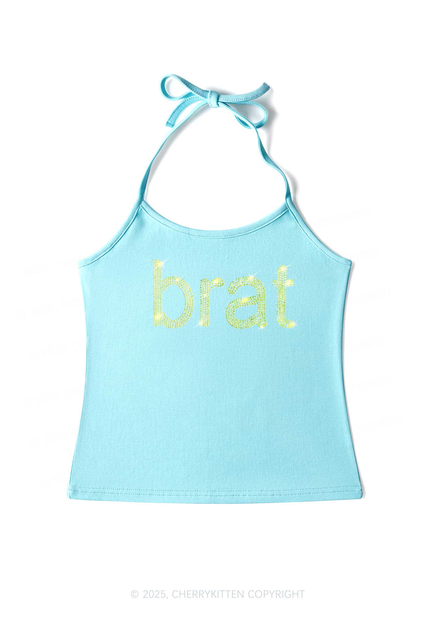 Rhinestone Green Brat Y2K Halter Neck Cami Cherrykitten
