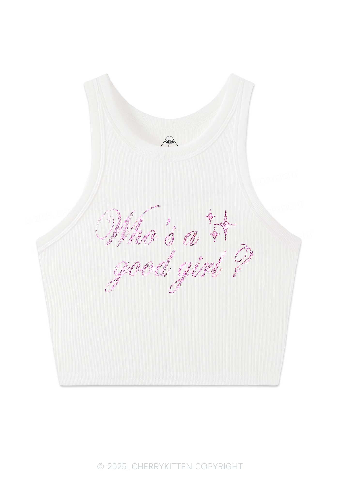 Rhinestone Whos A Good Girl Y2K Crop Tank Top Cherrykitten
