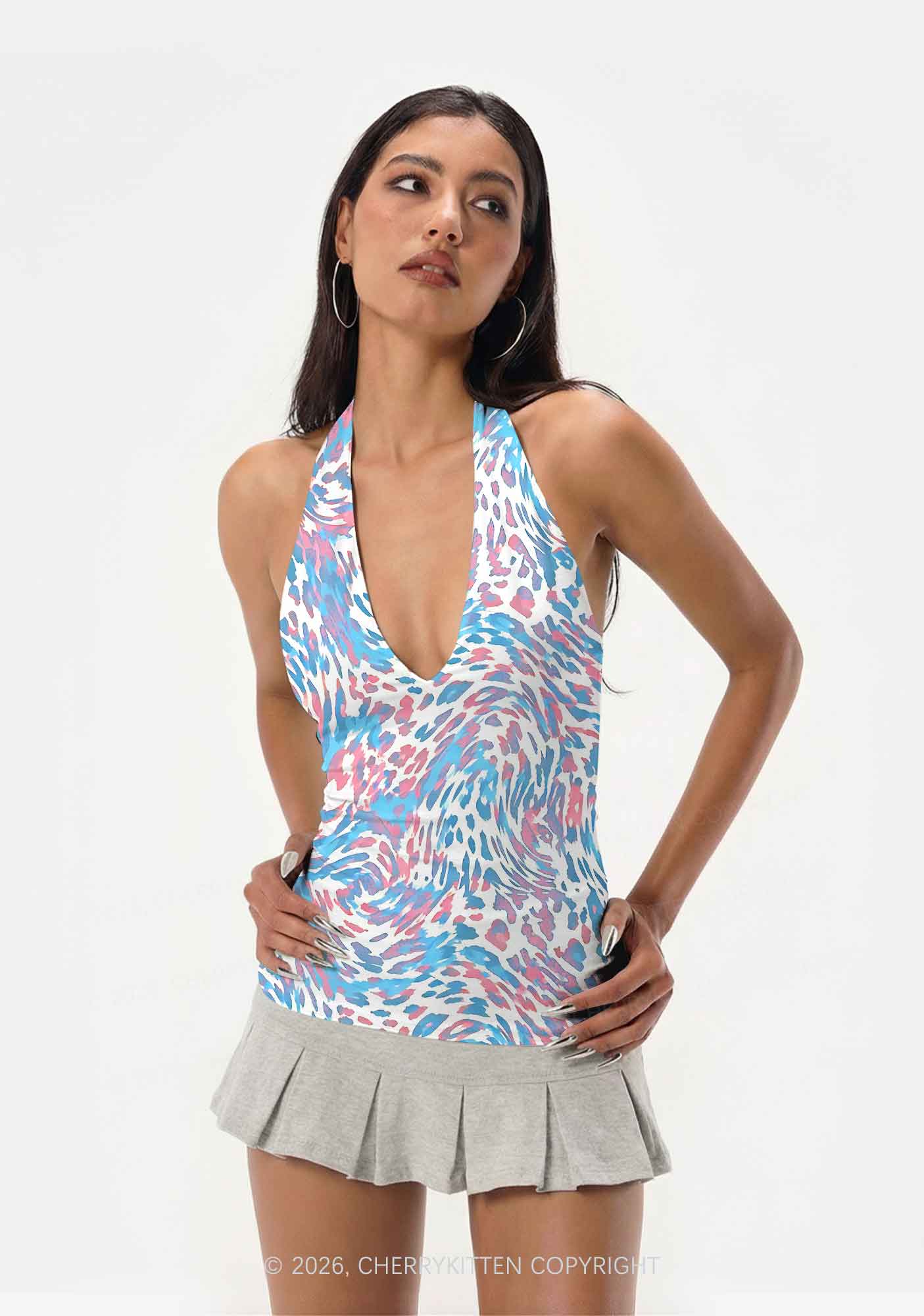 Trans Leopard Pride Y2K Print Halter Deep V Neck Cami Cherrykitten