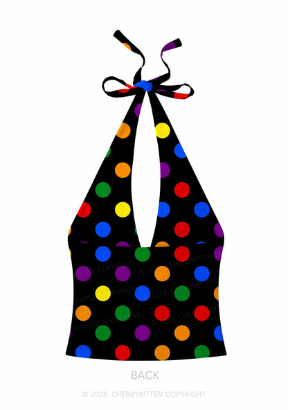 Rainbow Dots On Black Pride Y2K Print Halter Deep V Neck Cami Cherrykitten