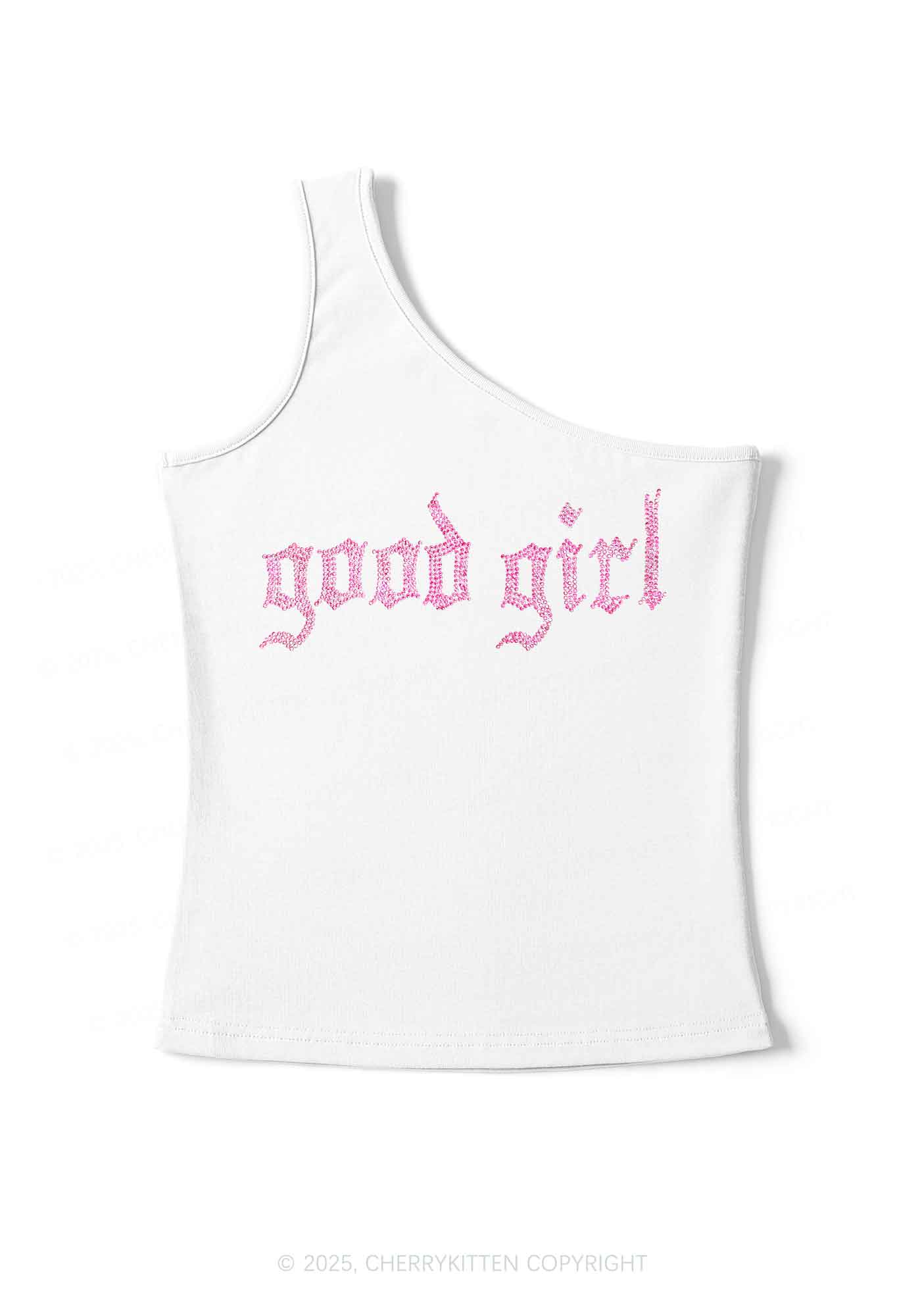 Rhinestone Good Girl Y2K One Shoulder Tank Top Cherrykitten