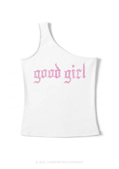Rhinestone Good Girl Y2K One Shoulder Tank Top Cherrykitten