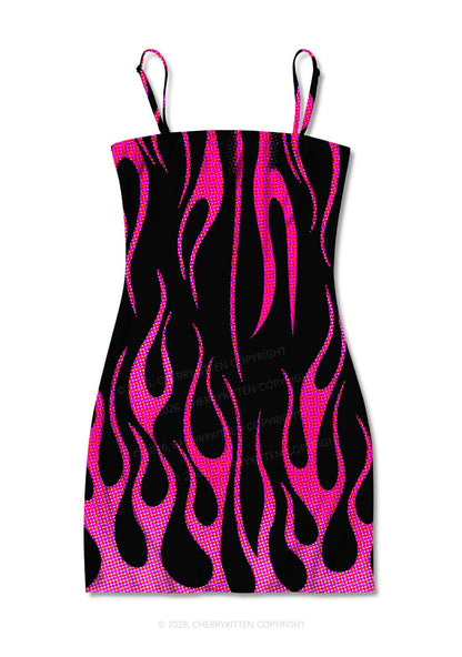Hot Pink Flame Y2K Print Slip Dress Cherrykitten