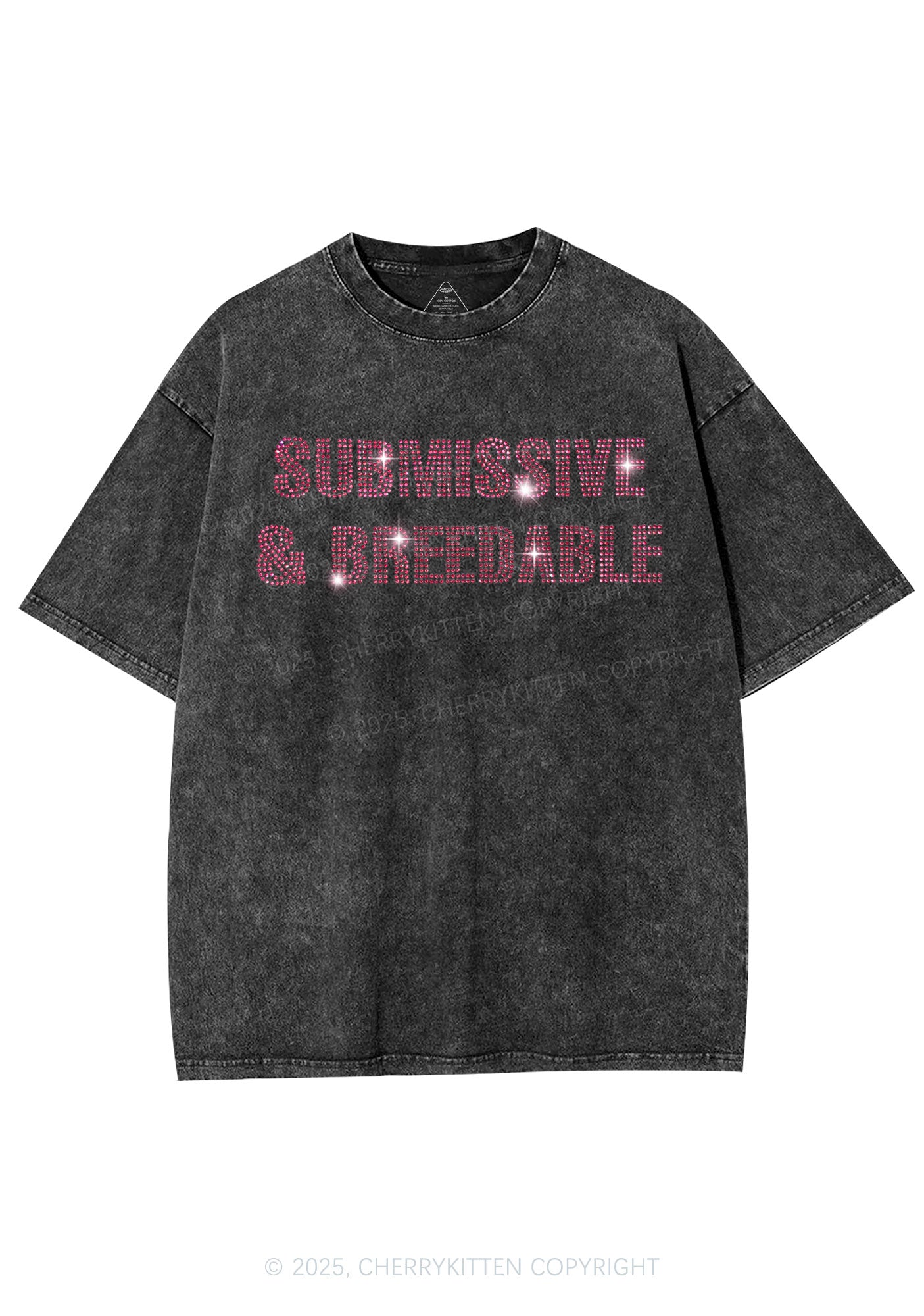 Rhinestone Submissive And Breedable Y2K Shirts Washed Tee Cherrykitten