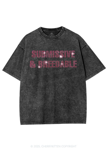 Rhinestone Submissive And Breedable Y2K Shirts Washed Tee Cherrykitten