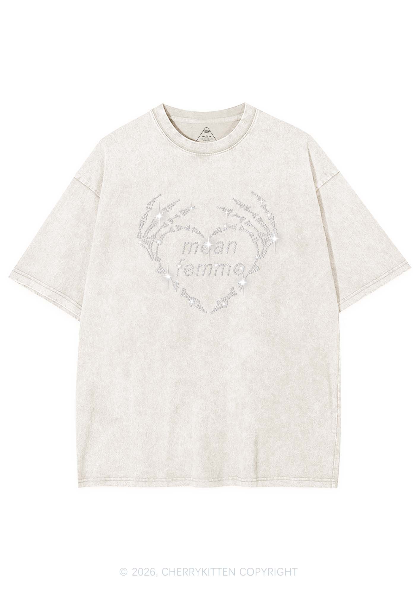 Rhinestone Mean Femme Skeleton Heart Pride Y2K Shirts Washed Tee Cherrykitten