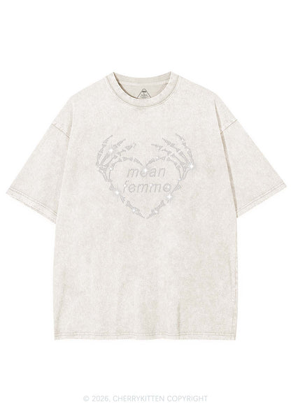 Rhinestone Mean Femme Skeleton Heart Pride Y2K Shirts Washed Tee Cherrykitten