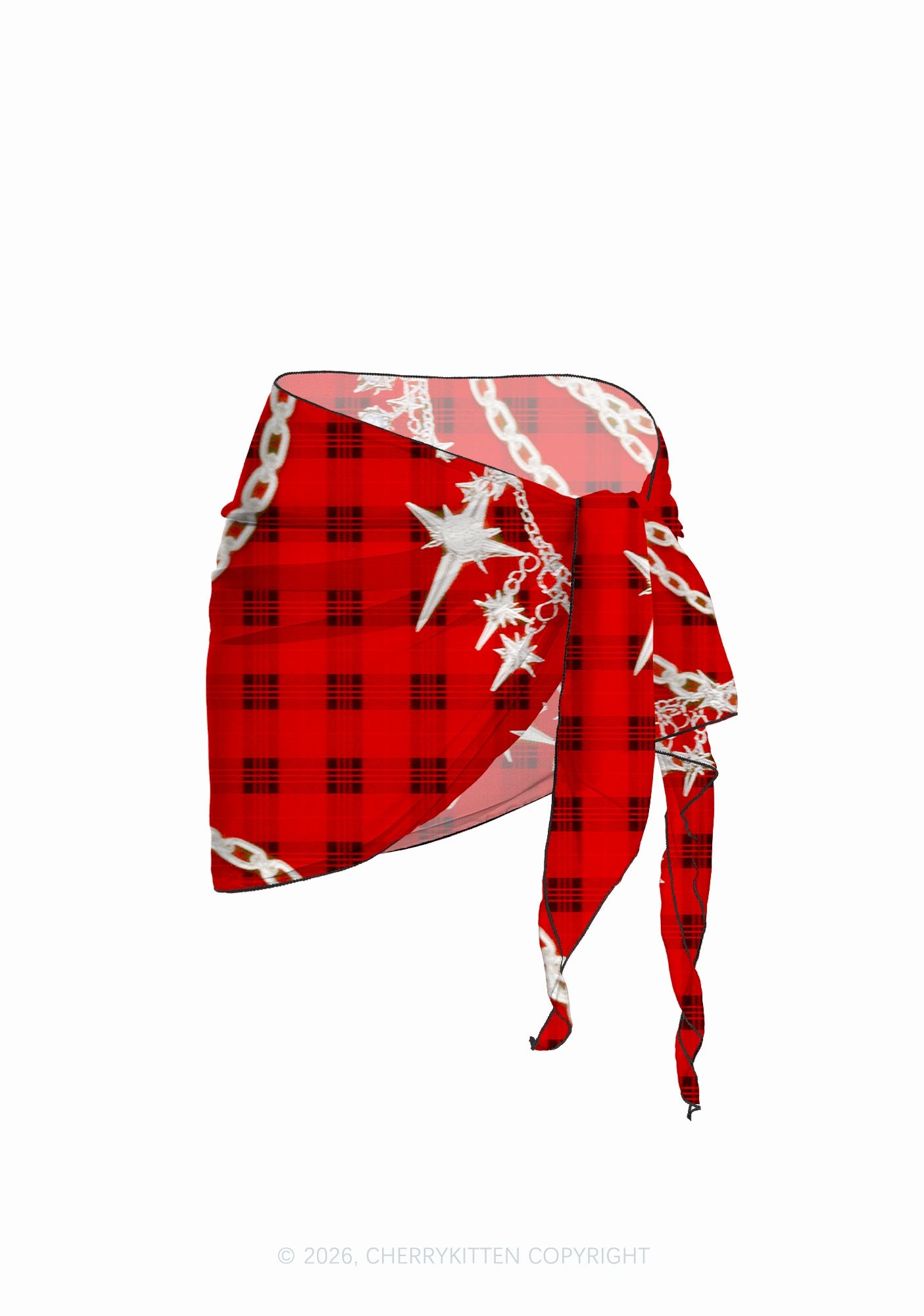 Red Plaid Silver Star Chain Y2K Print Bikini Set Cherrykitten