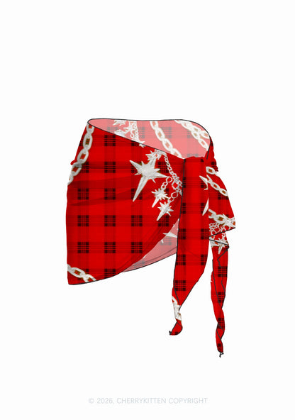 Red Plaid Silver Star Chain Y2K Print Bikini Set Cherrykitten