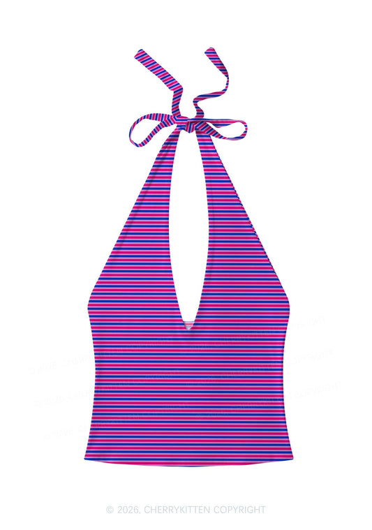 Bisexual Stripes Pride Y2K Print Halter Deep V Neck Cami Cherrykitten