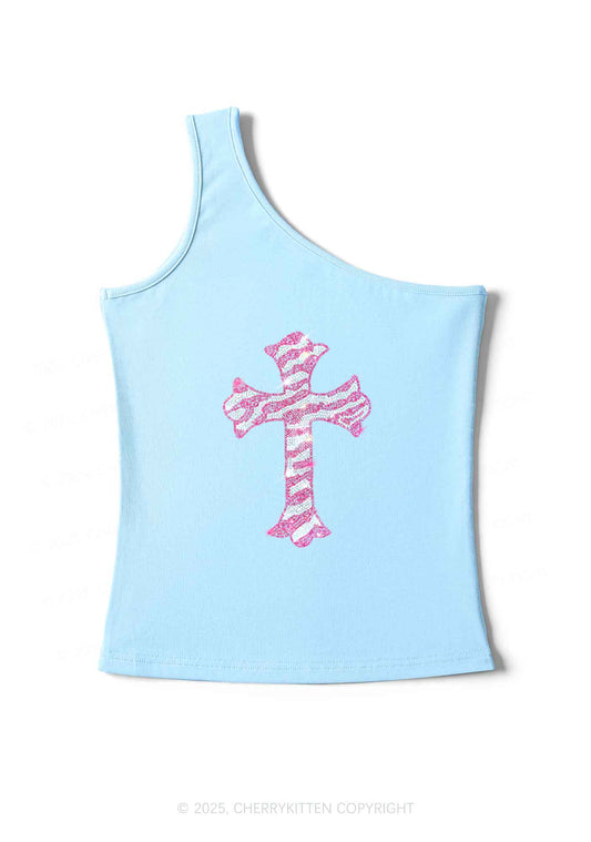 Rhinestone Pink Cross Y2K One Shoulder Tank Top Cherrykitten