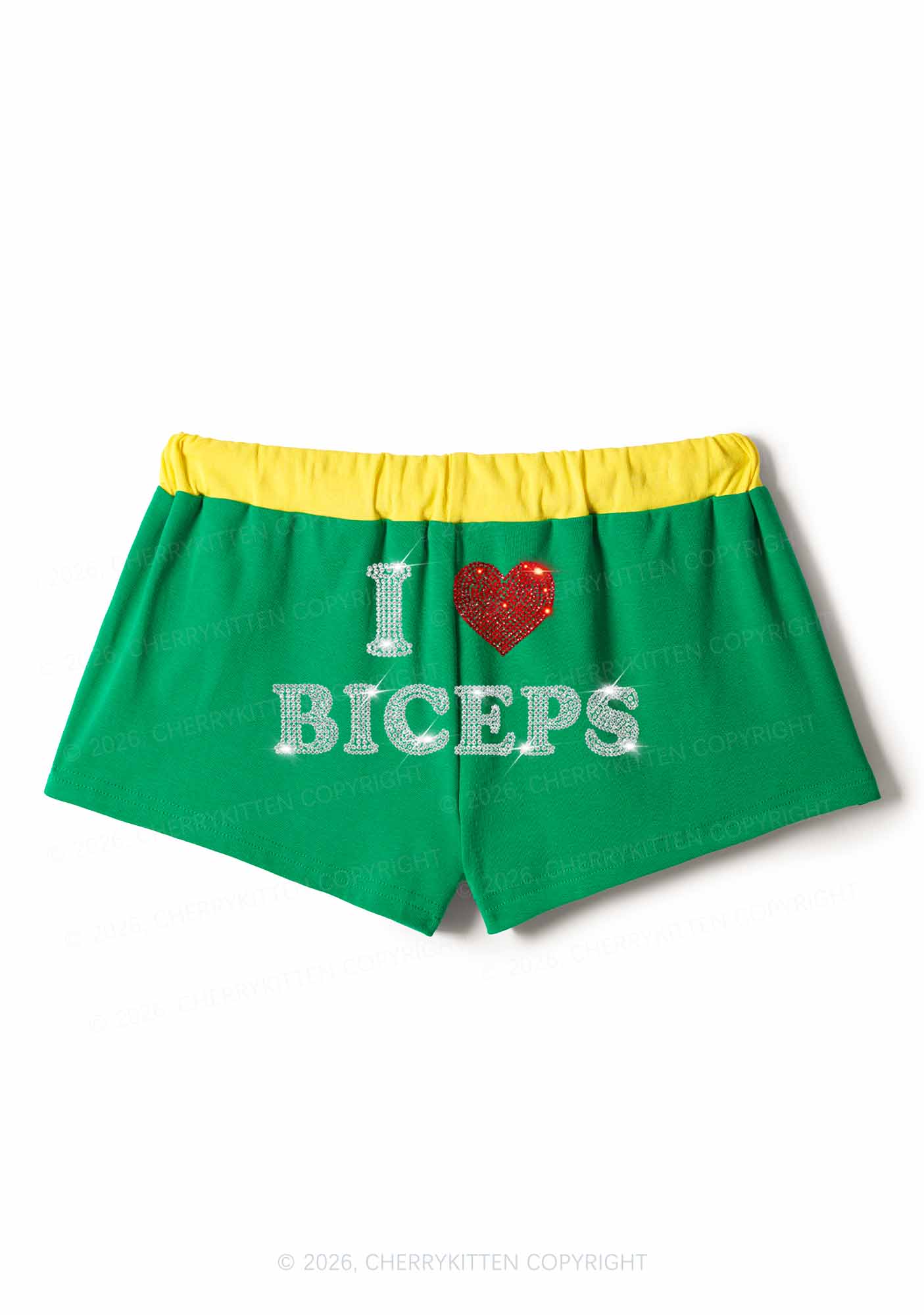 Rhinestone I Love Biceps Y2K Drawstring Mini Shorts Cherrykitten