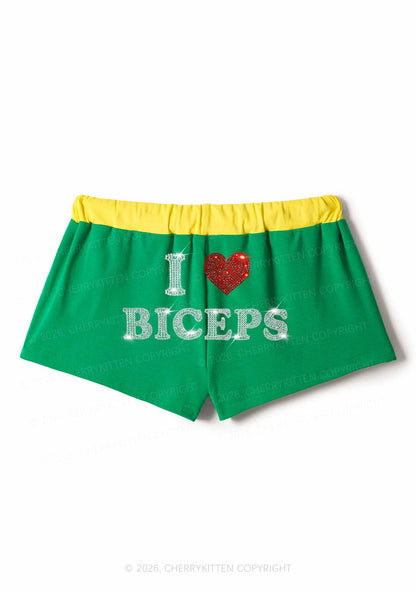 Rhinestone I Love Biceps Y2K Drawstring Mini Shorts Cherrykitten