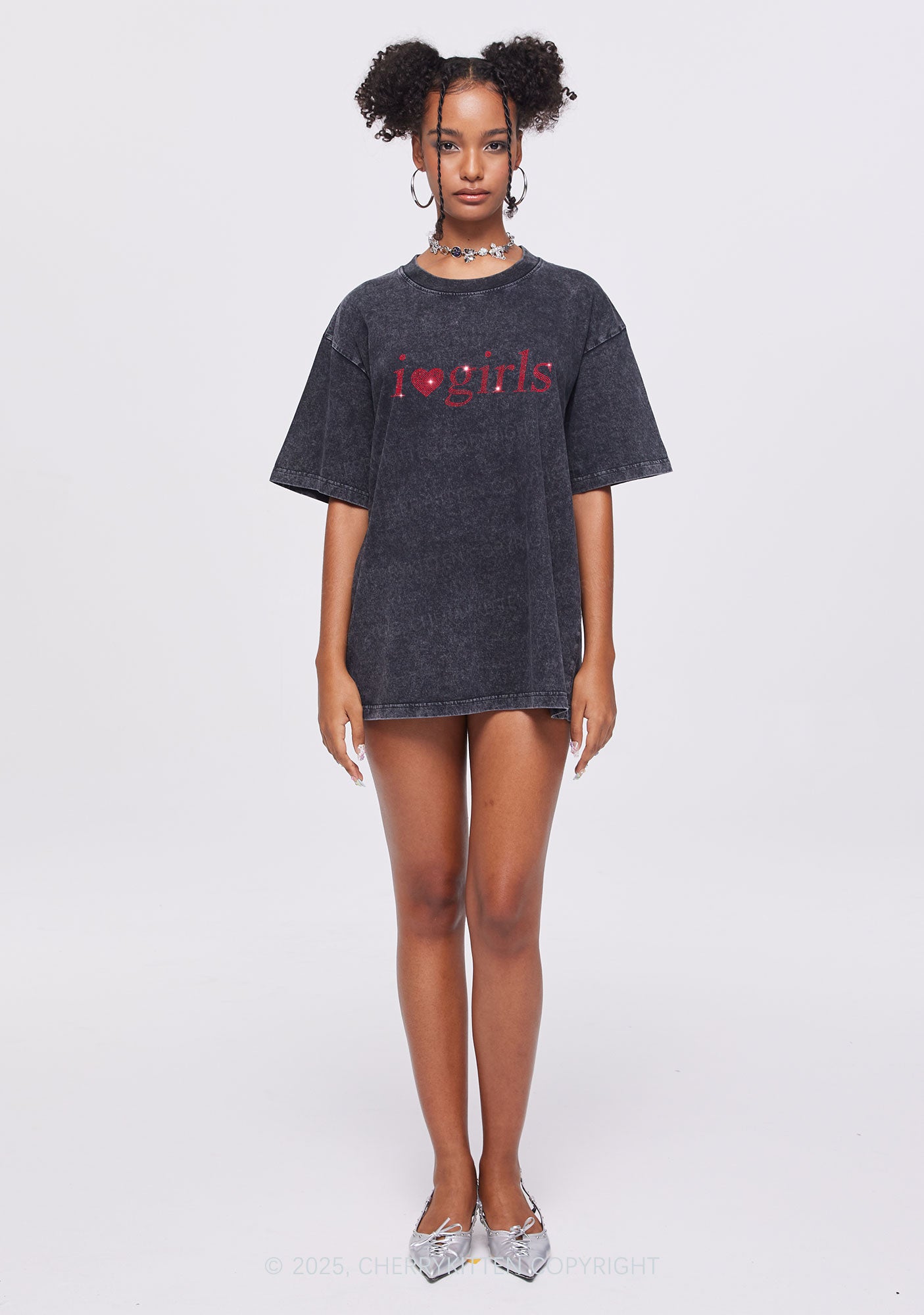 Rhinestone I Love Girls Y2K Shirts Washed Tee Cherrykitten