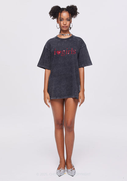 Rhinestone I Love Girls Y2K Shirts Washed Tee Cherrykitten