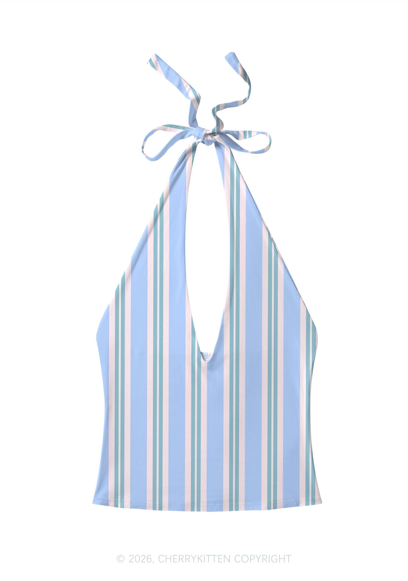 Blue Pink Vertical Stripe Y2K Print Halter Deep V Neck Cami Cherrykitten