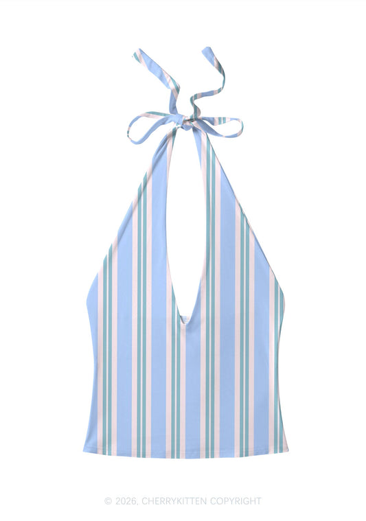 Blue Pink Vertical Stripe Y2K Print Halter Deep V Neck Cami Cherrykitten