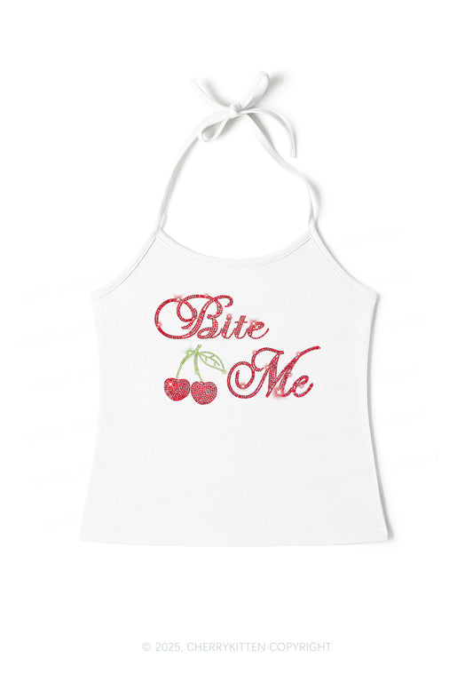 Rhinestone Red Cherry Bite Me Y2K Halter Neck Cami Cherrykitten