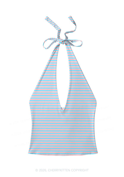 Trans Stripes Pride Y2K Print Halter Deep V Neck Cami Cherrykitten