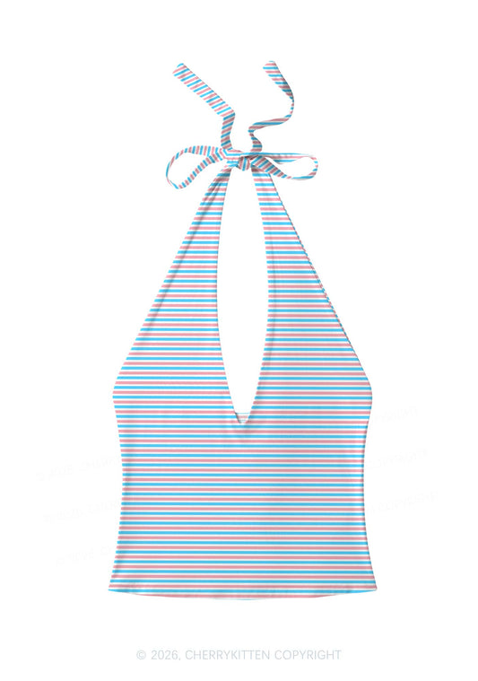 Trans Stripes Pride Y2K Print Halter Deep V Neck Cami Cherrykitten
