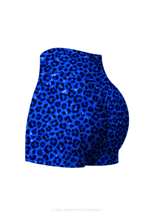 Royal Blue Leopard Y2K Print Gym Shorts Cherrykitten