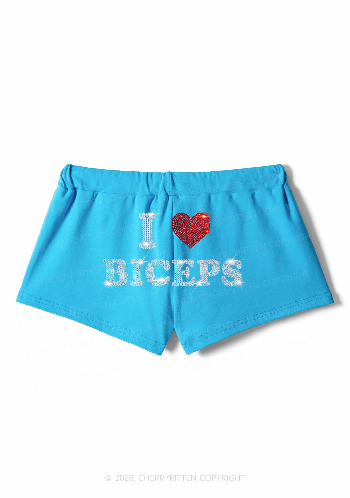 Rhinestone I Love Biceps Y2K Drawstring Mini Shorts Cherrykitten