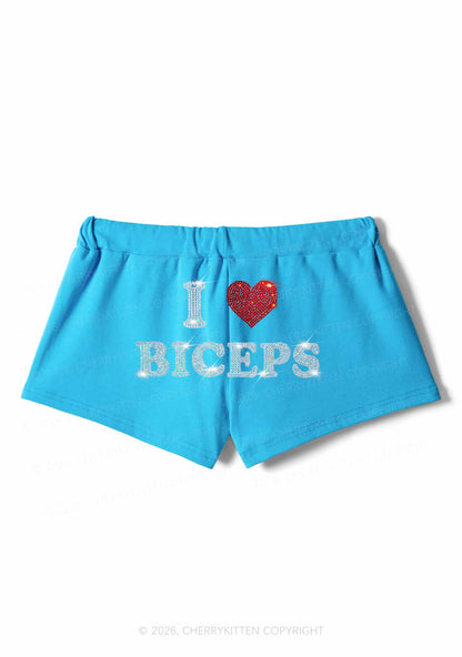 Rhinestone I Love Biceps Y2K Drawstring Mini Shorts Cherrykitten