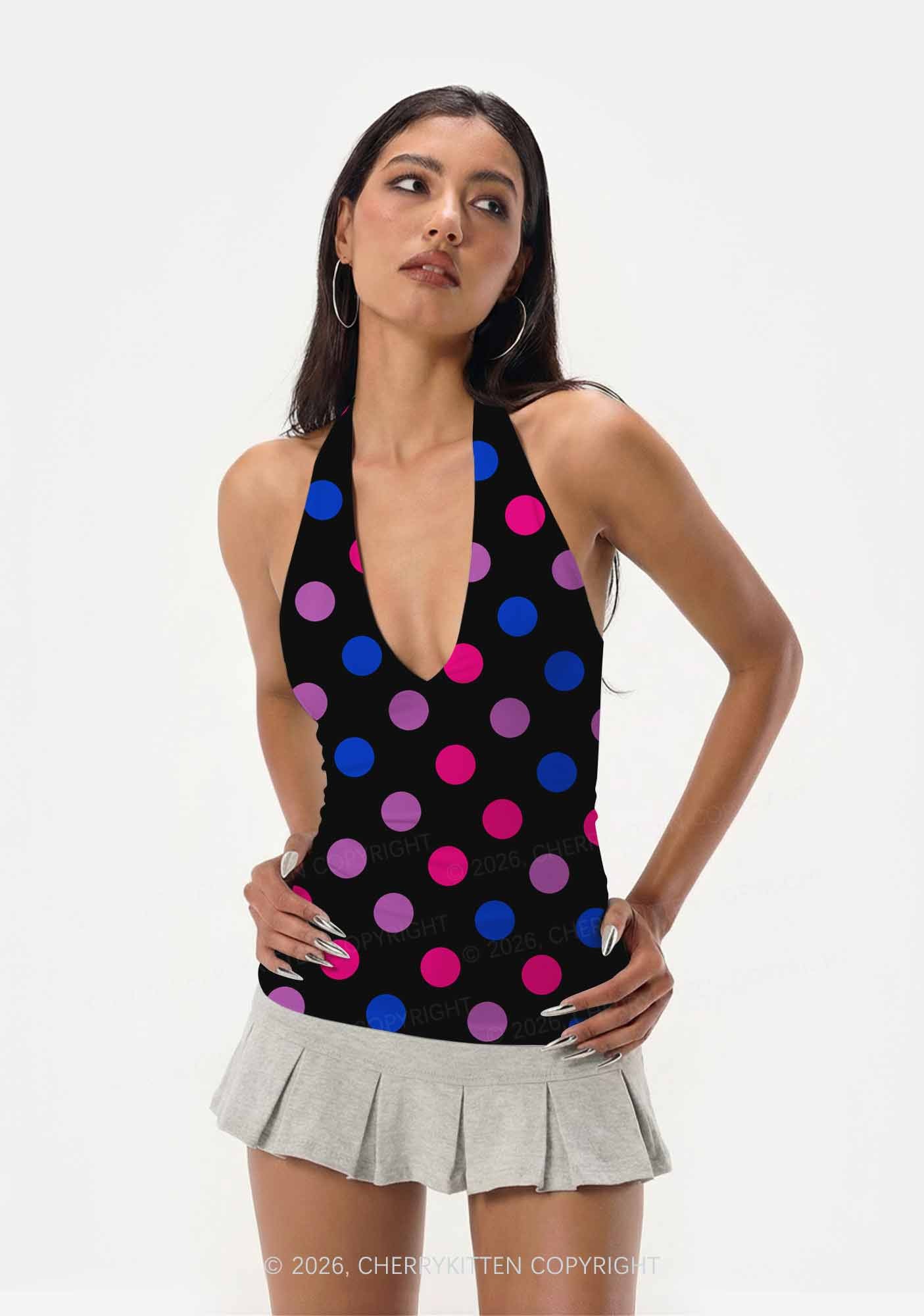 Bisexual Dots On Black Pride Y2K Print Halter Deep V Neck Cami Cherrykitten