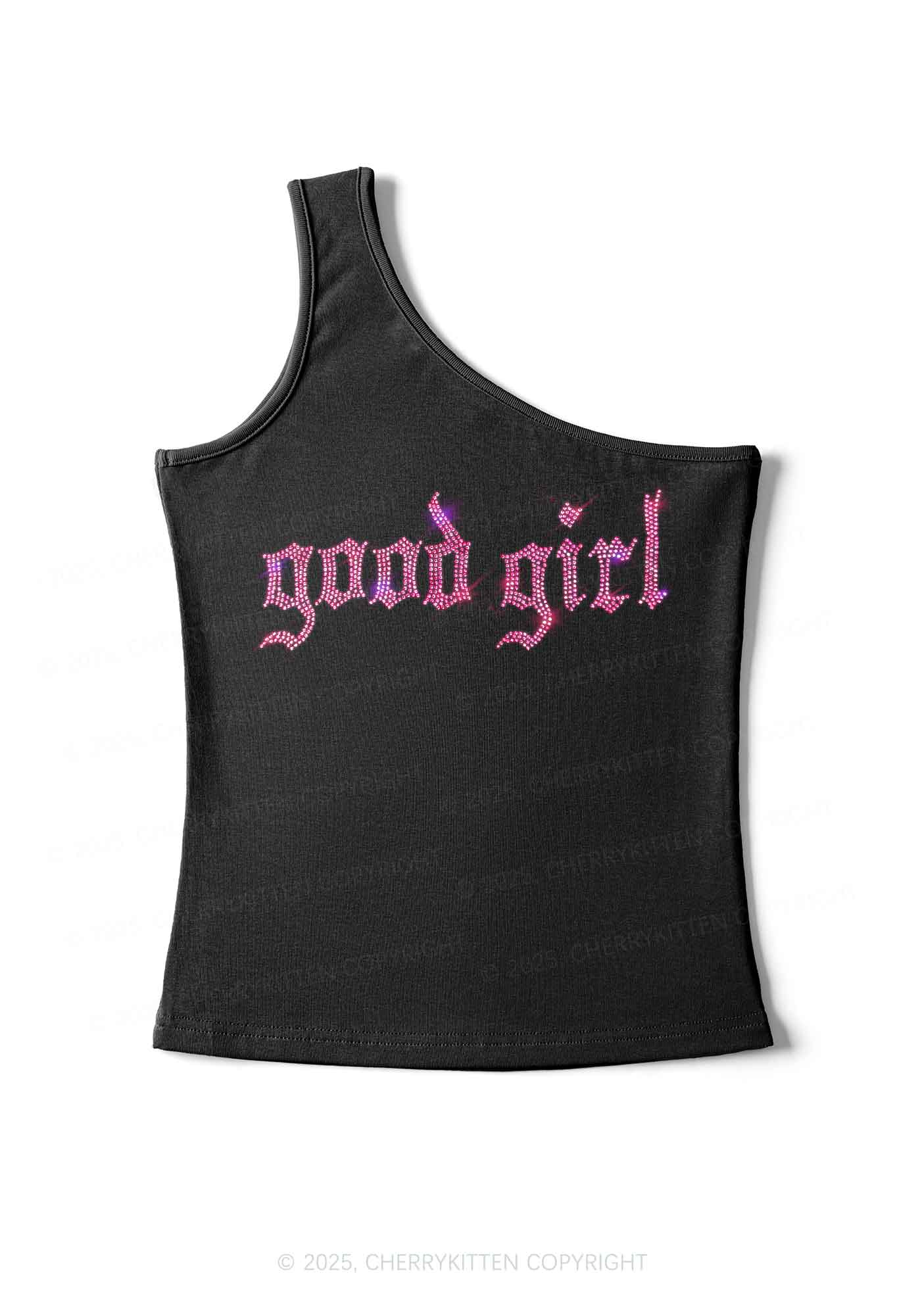 Rhinestone Good Girl Y2K One Shoulder Tank Top Cherrykitten