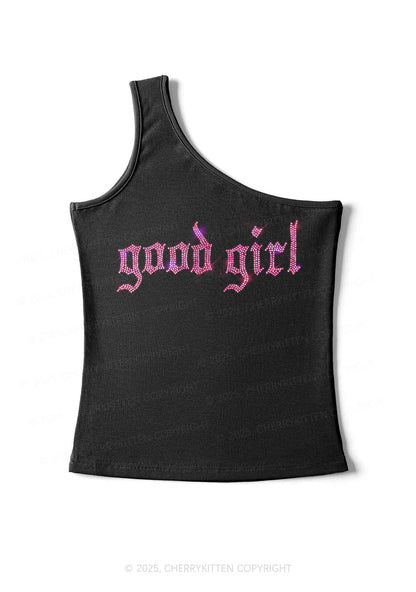 Rhinestone Good Girl Y2K One Shoulder Tank Top Cherrykitten