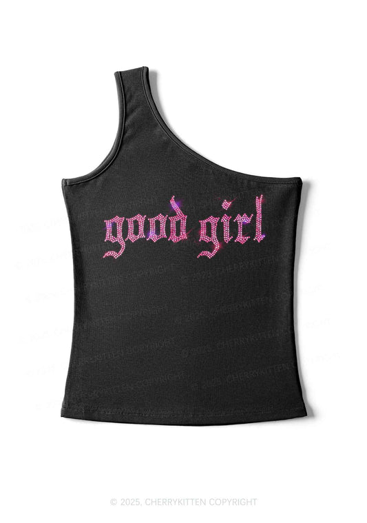 Rhinestone Good Girl Y2K One Shoulder Tank Top Cherrykitten