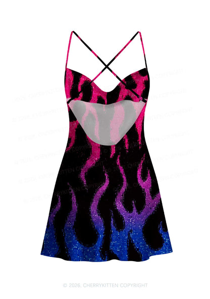 Bisexual Flame Pride Y2K Print Satin Cowl Neck Slip Dress Cherrykitten