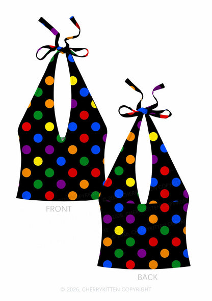 Rainbow Dots On Black Pride Y2K Print Halter Deep V Neck Cami Cherrykitten