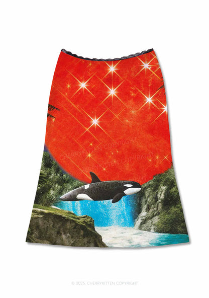 Jungle Orca Y2K Print Midi Skirt Cherrykitten