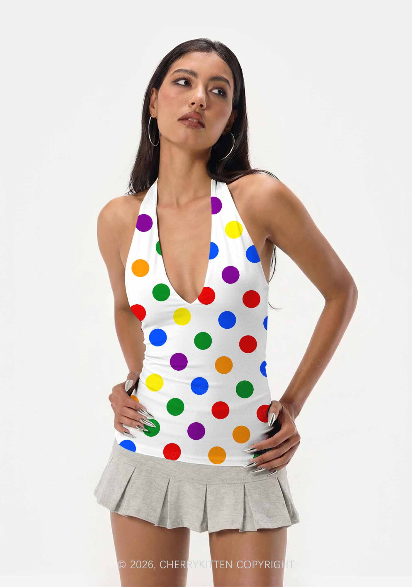 Rainbow Dots On White Pride Y2K Print Halter Deep V Neck Cami Cherrykitten